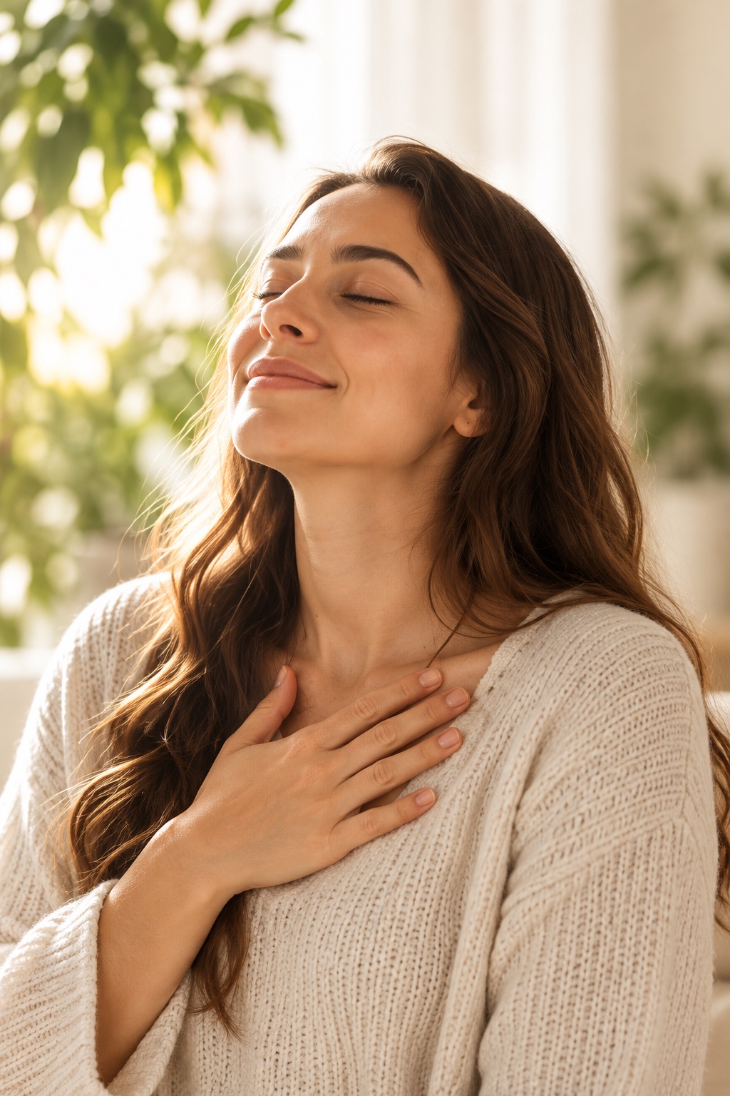 Una mujer con los ojos cerrados y la mano sobre el corazón, en un momento de paz interior